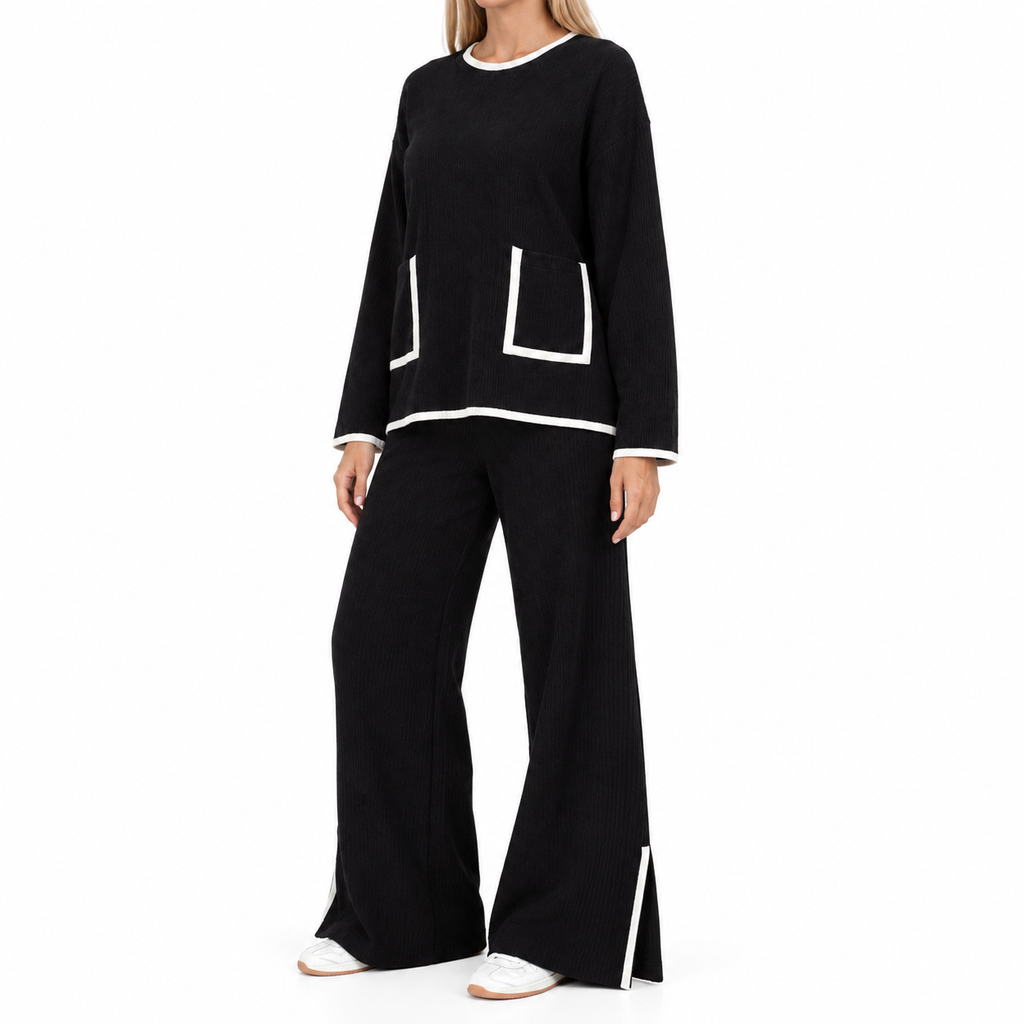 The Amelie Crew-Neck Wide-Leg Knit Set - Black - Black · Three-quarter