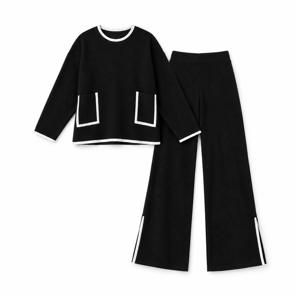 The Amelie Crew-Neck Wide-Leg Knit Set - Black - Black · Complete set