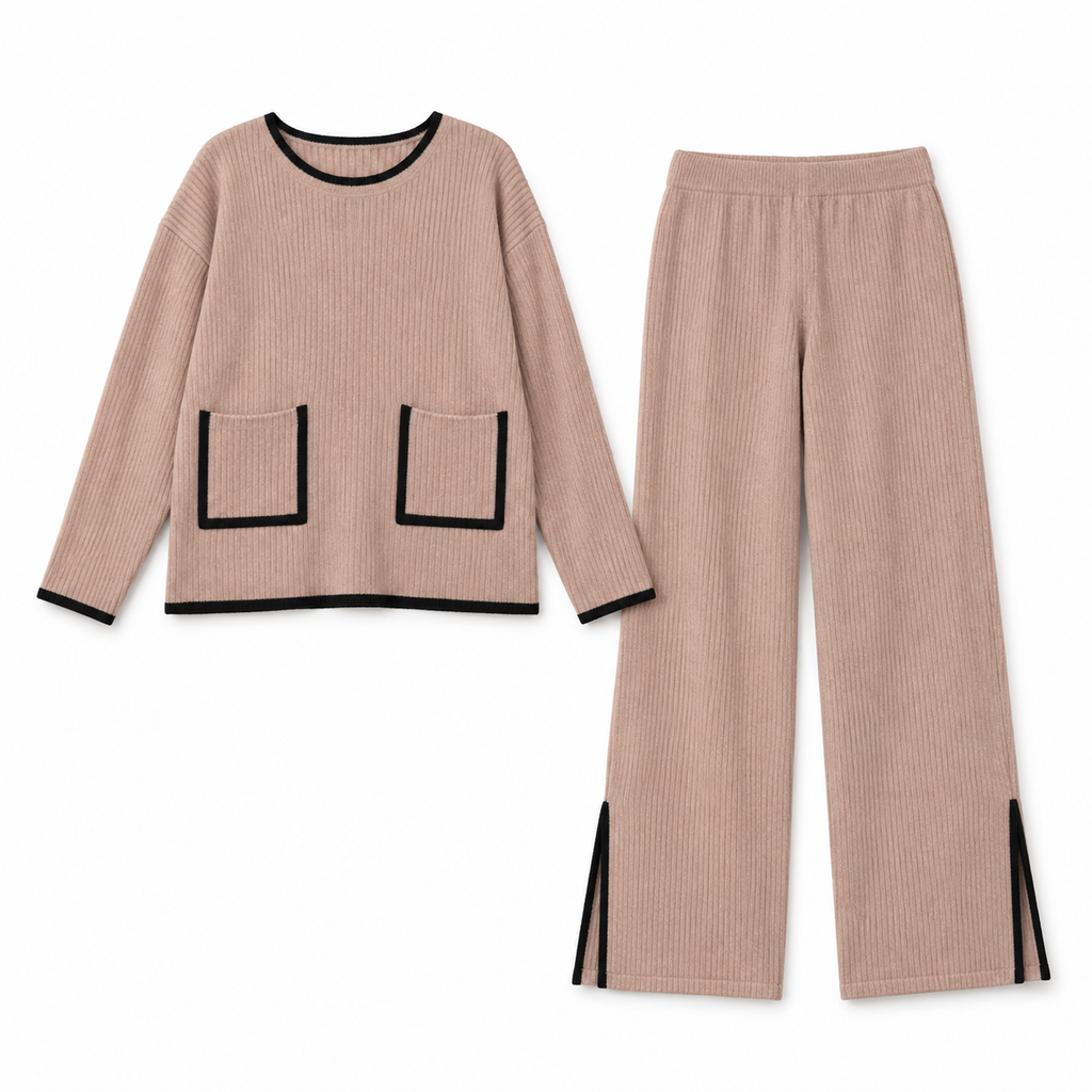 The Amelie Crew-Neck Wide-Leg Knit Set - 白色 - set flatlay