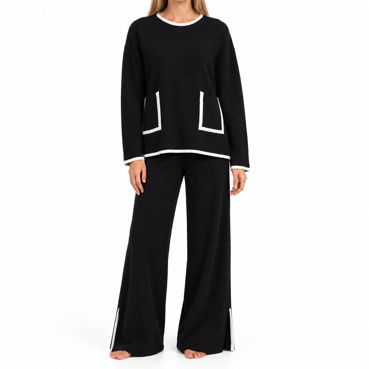 The Amelie Crew-Neck Wide-Leg Knit Set - Black - Black · Main