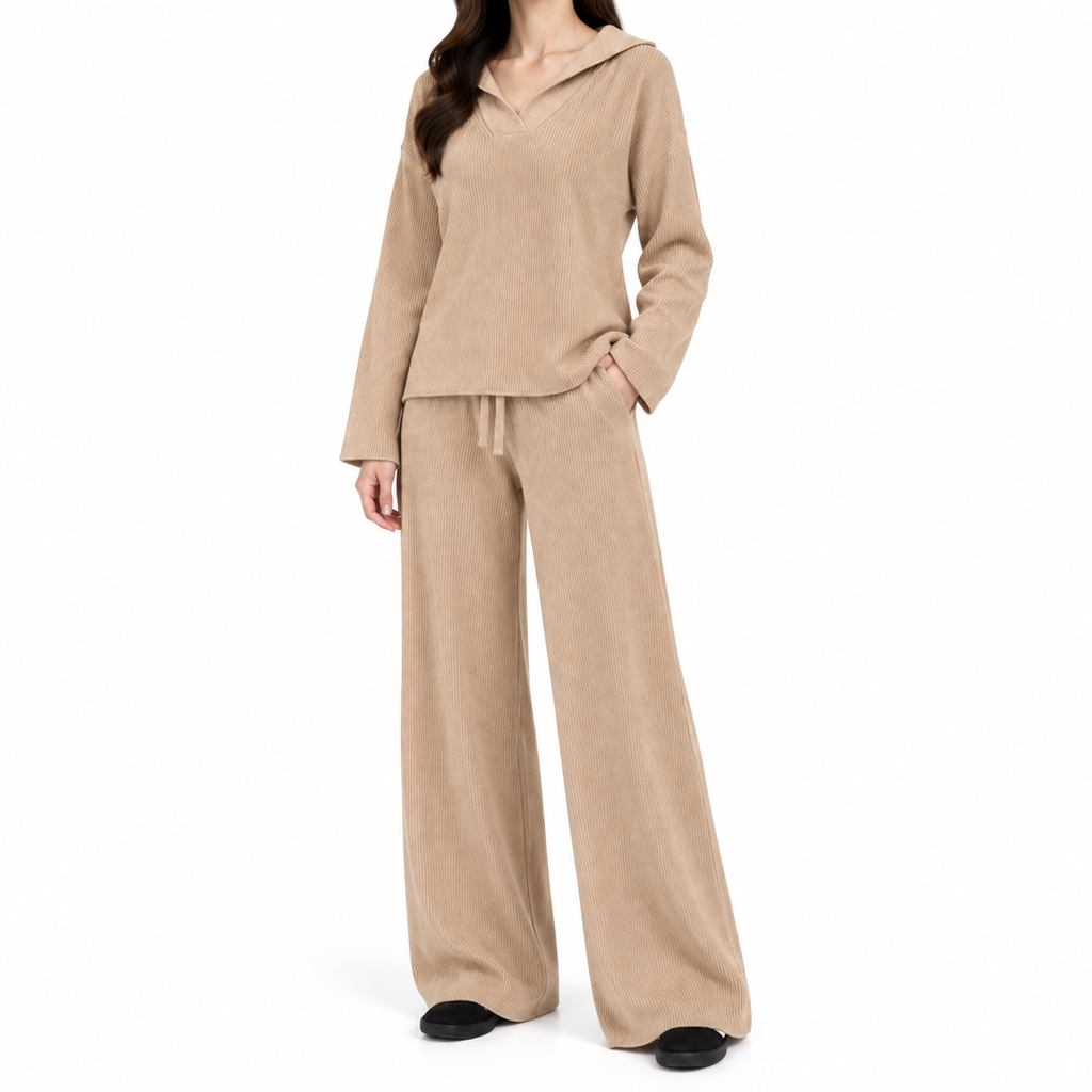 The Camille V-Neck Relaxed Knit Set - Camel - Camel · Three-quarter