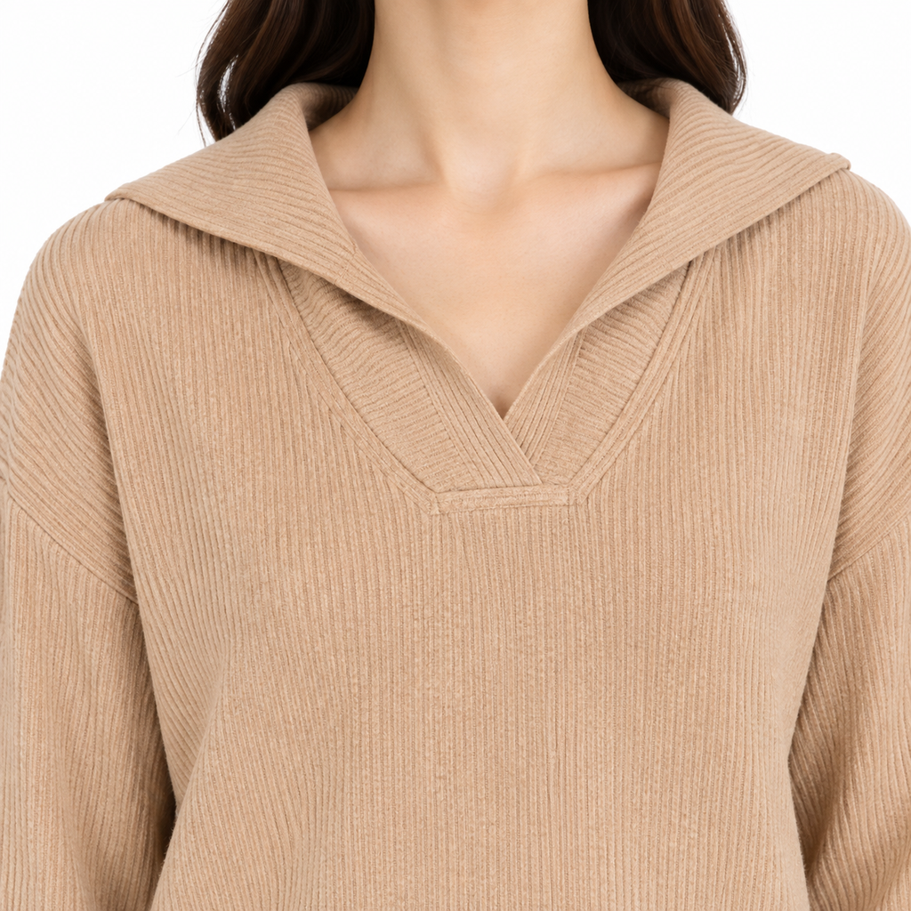 The Camille V-Neck Relaxed Knit Set - Camel - Camel · Neckline detail