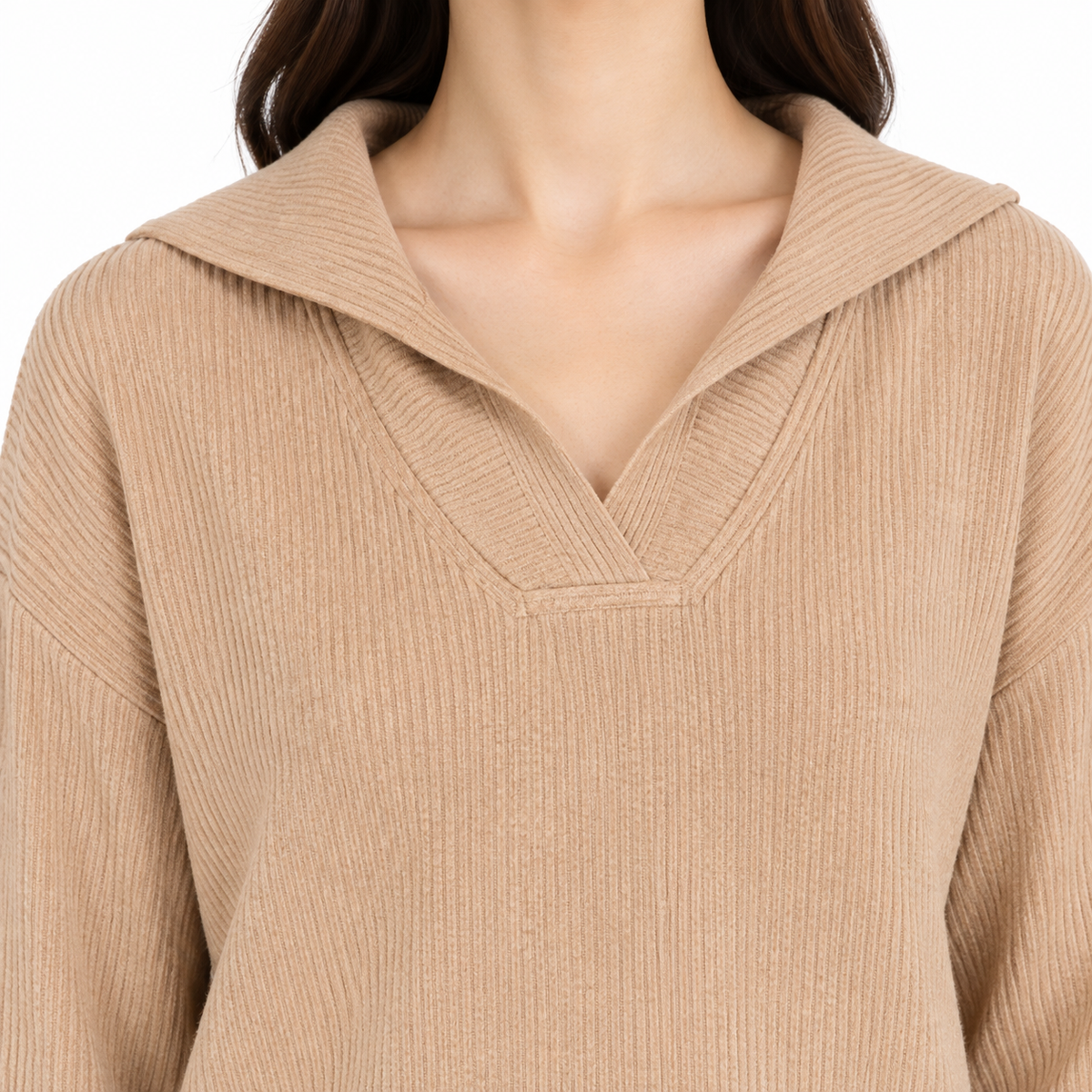 The Camille V-Neck Relaxed Knit Set - Camel - Camel · Neckline detail