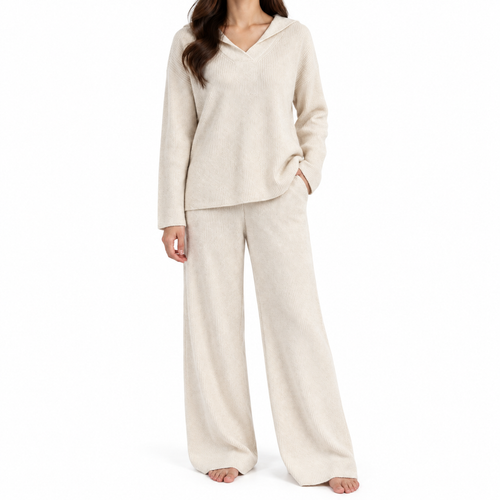The Camille V-Neck Relaxed Knit Set - 米白 - Main