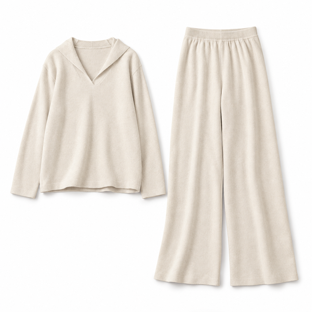 The Camille V-Neck Relaxed Knit Set - 米白 - product flatlay