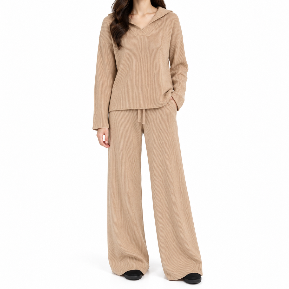 The Camille V-Neck Relaxed Knit Set - Camel - Camel · Main
