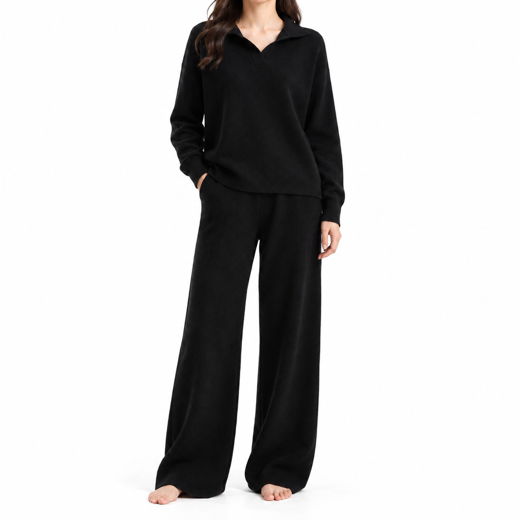 The Lucie Polo-Collar Knit Set - Black - Main