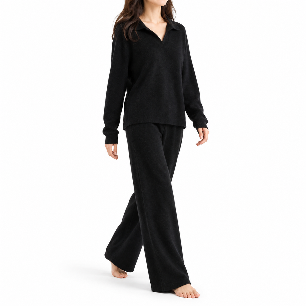 The Lucie Polo-Collar Knit Set - Black - model three quarter