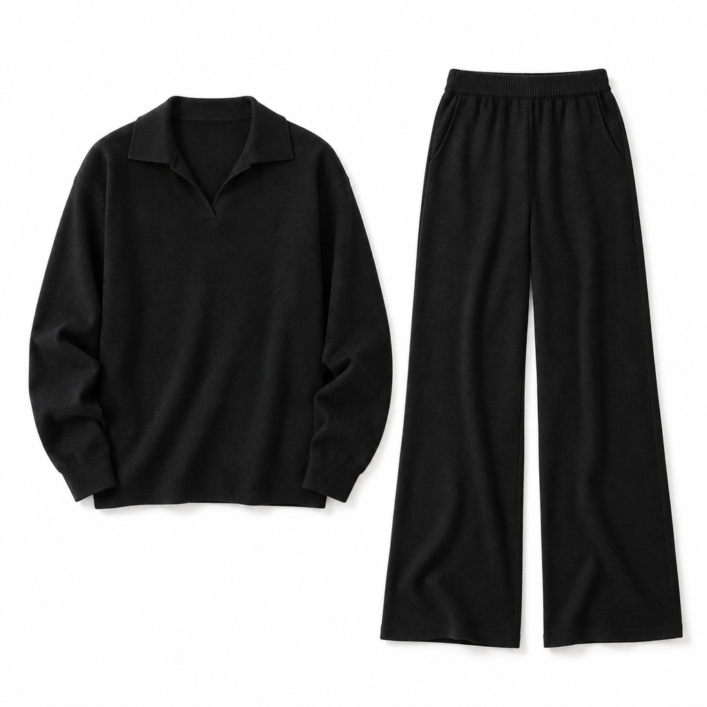 The Lucie Polo-Collar Knit Set - Black - product flatlay